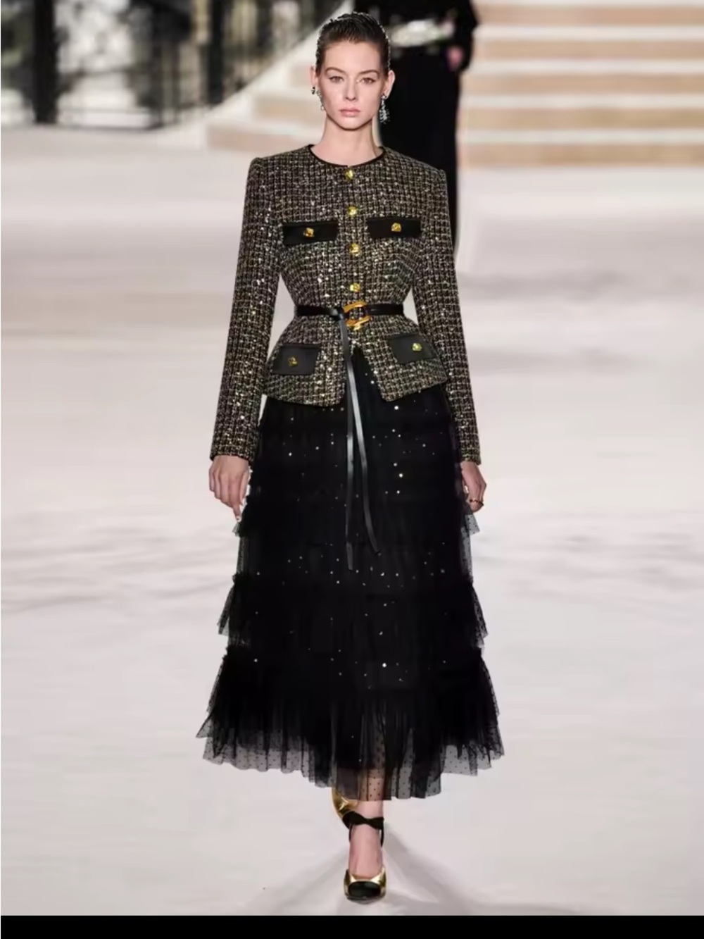 Tweed Sequined Belted Jacket with Black Tulle Tiered Skirt Large